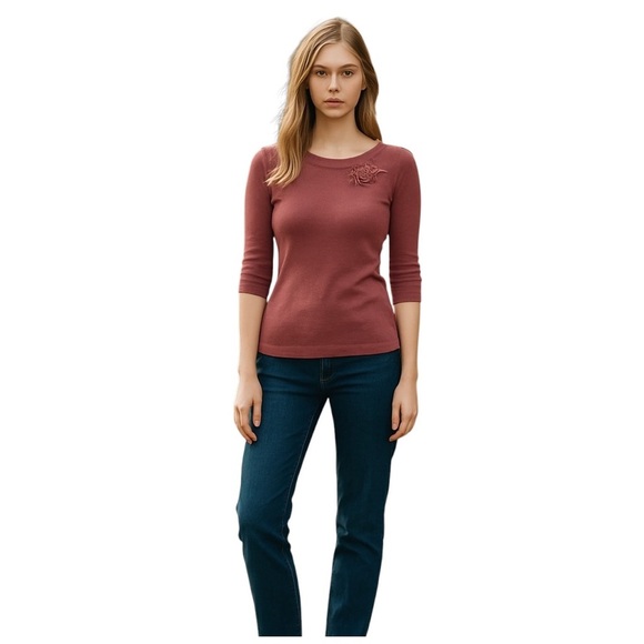 One Heart Wide Crewneck Sweater w/ Flower Embellishment. Brown. Small - Picture 1 of 8